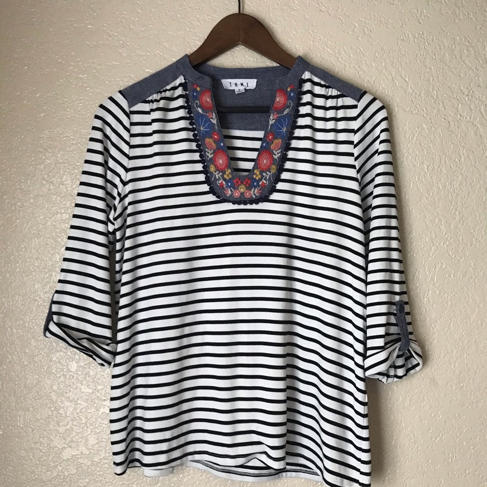 ANTHROPOLOGIE | THML Stripes & Embroidery Top